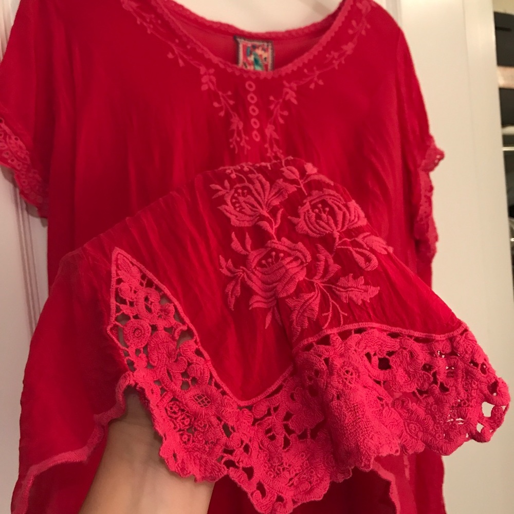 JOHNNY WAS solid pink silk top. Flairs out. Silk.